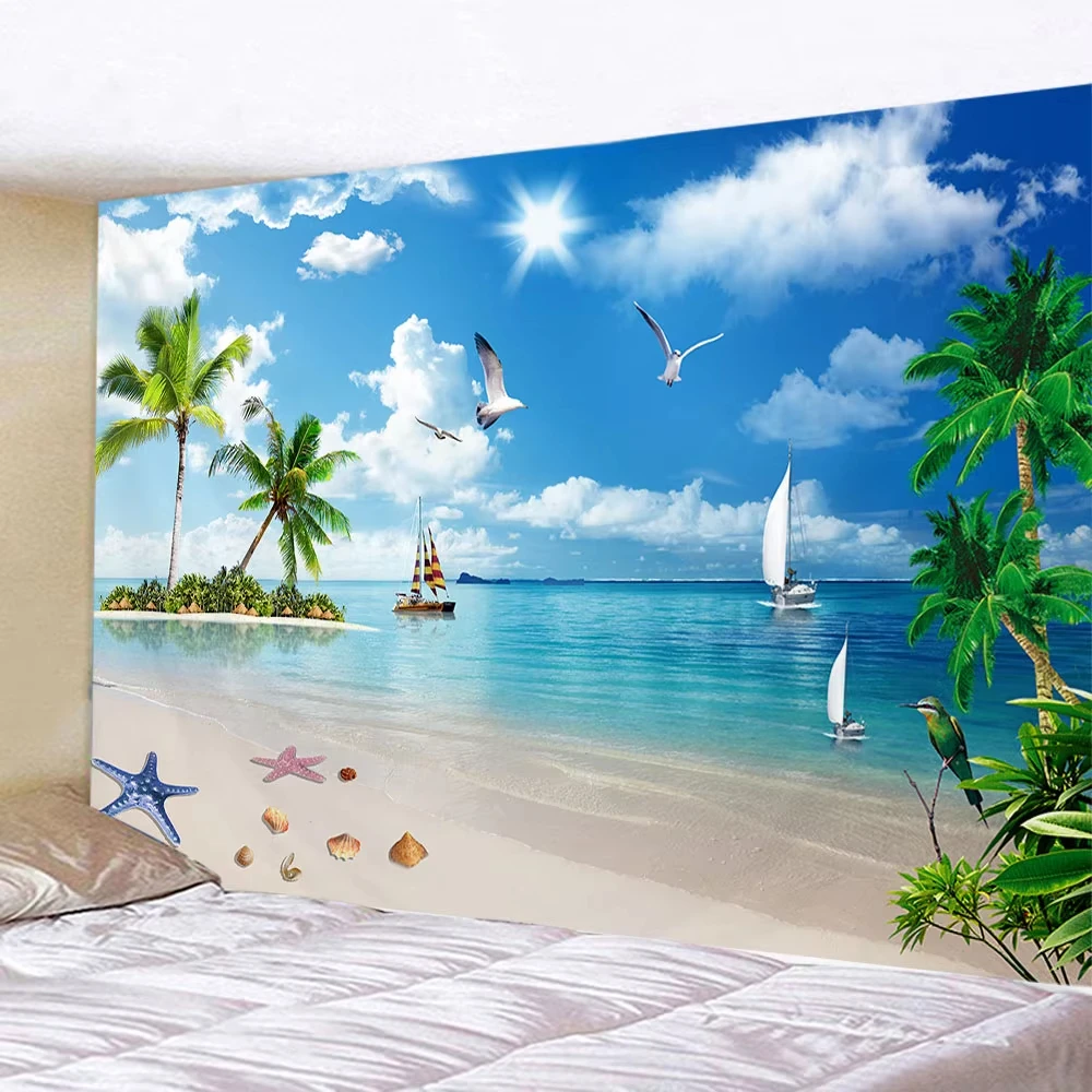 Coastal Beach LandscapeTapestry – Refreshing Seaside Wall Art with Palm Tree, Natural OceanView Decor for Bedroom Room Aesthetic