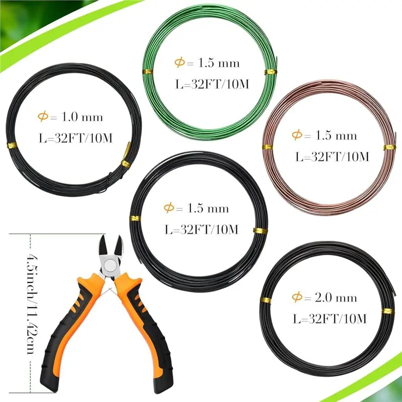 A34R Aluminum Bonsai Training Wire& Cutter Set-5 Rolls 160 Feet With Adjustable Anodized Wires(1/1.5/2.0 Mm)