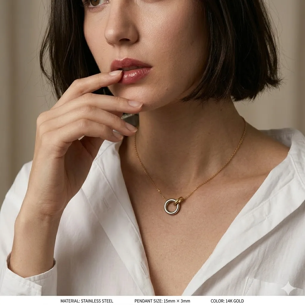 St-Delan 42CM Trendy Simple Chain Double Circle Pendant Necklace Women Stainless Steel Clavicle Chain Layering Choker‌ Jewelry