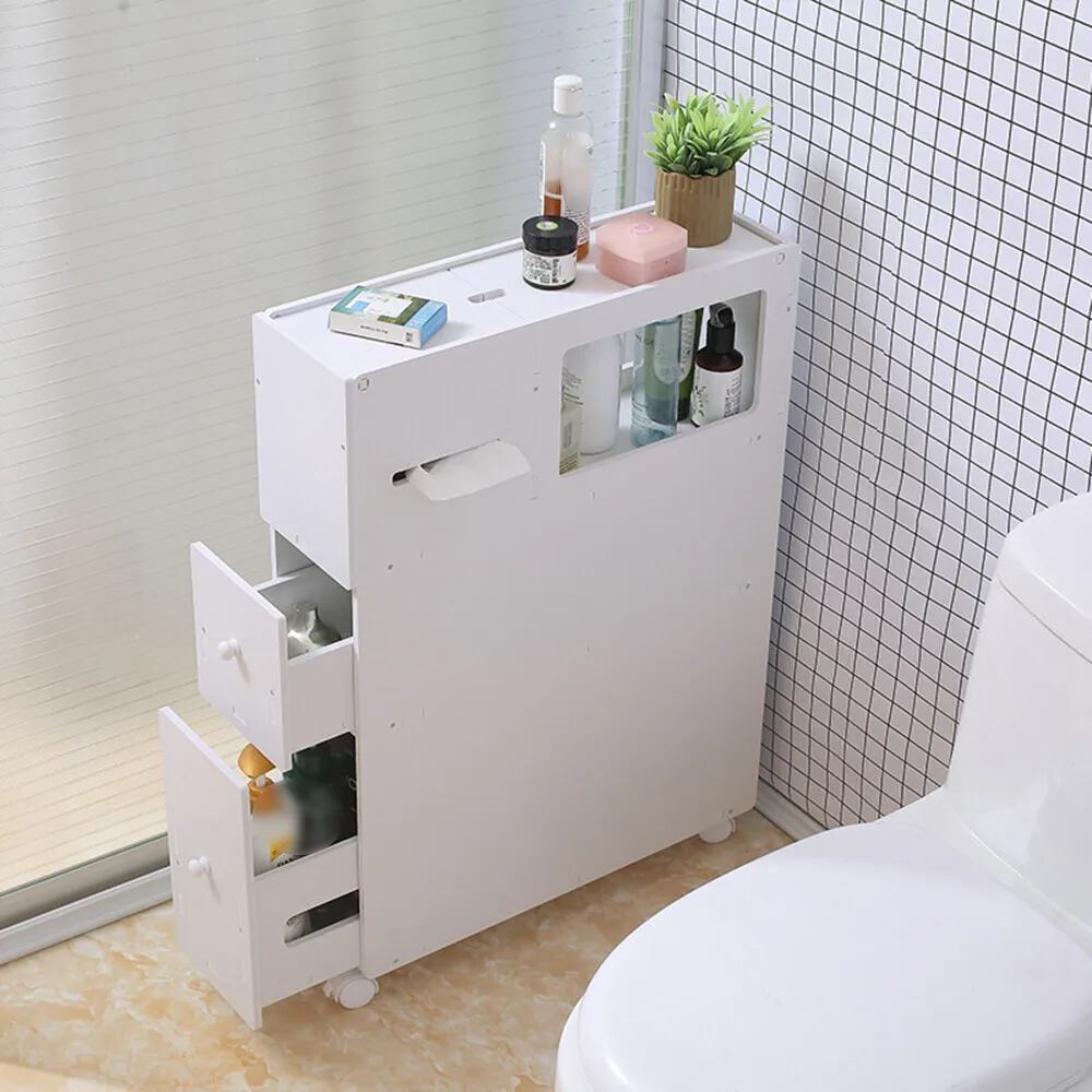 

Slim Bathroom Storage Cabinet Floor Standing Toilet White Narrow Cupboard Shelf
