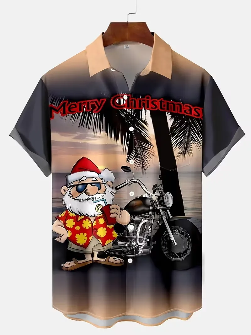 Men Short Sleeve Hawaiian Shirt Cowboy Santa Riding Reindeer Print Snowy Moon Christmas Xmas Holiday Party Button Down Shirt