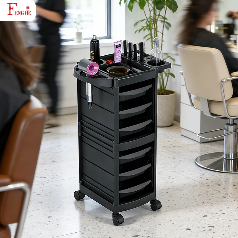 

New Profession Plastic Black Hairdressing Trolley with 6 Drawersl for Salon Barber