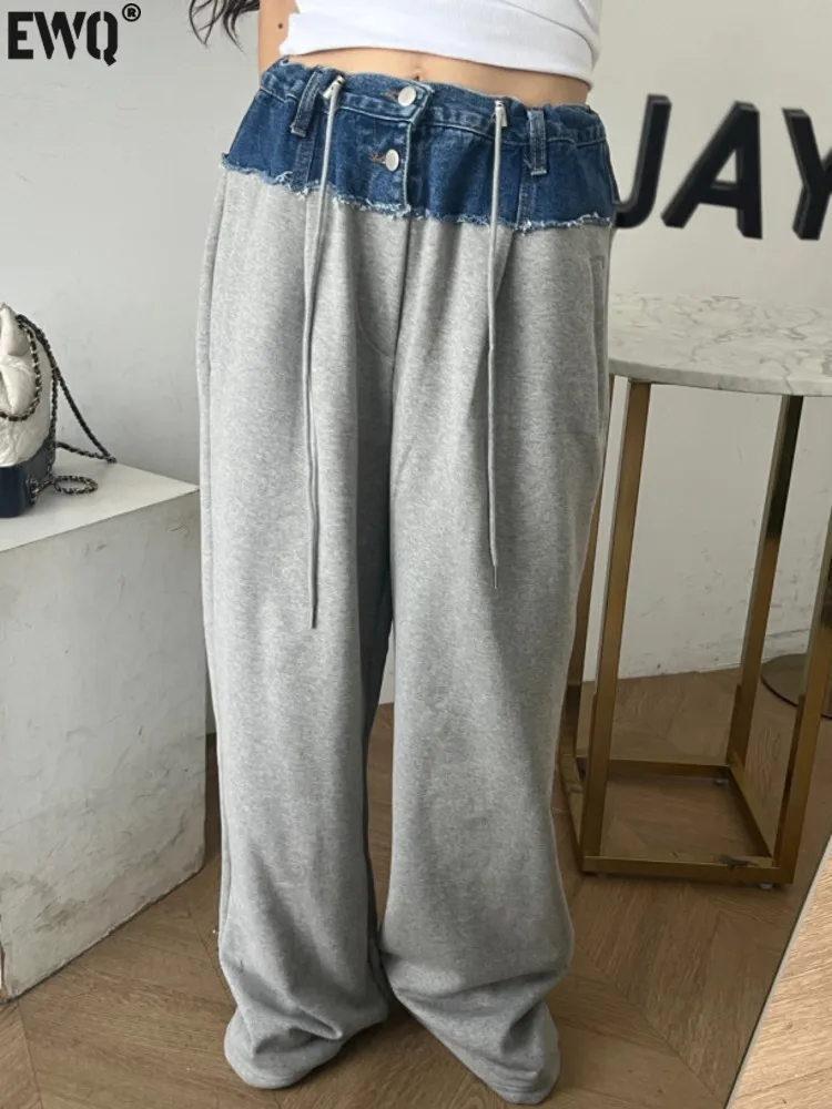 

[EWQ] Streetwear Style Patchwork Wide Leg Pants Y2k Drawstring Denim Splicing Sweatpants Design Trousers 2024 Autumn New 16U8284