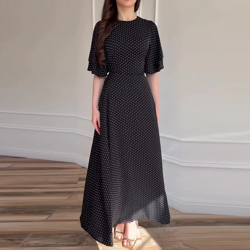 Fashion Polka Dots Print High Waist Long Dress Women's Elegant O Neck Slim A-Line Party Dress Summer Short Sleeve Bohemian Dress view 4