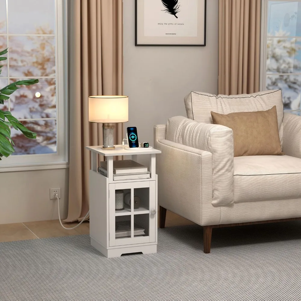 Modern White Side Table with USB Charging and Outlets, Mid-Century Inspired Nightstand