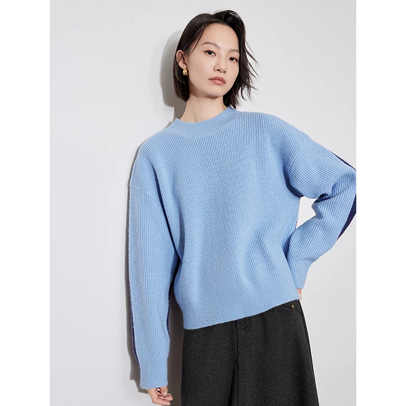 TOYOUTH Women Knitted Sweater 2024 Autumn Winter Round Neck Contrasting Color Thicking Warm Woolen Pullover Tops Blue