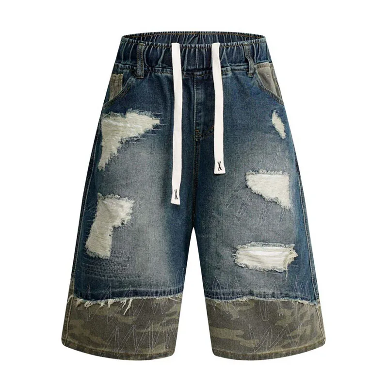

Harkuju Ripped Casual Jeans Shorts Streetwear Hip Hop Washed Denim Short For Male Elastic Waist
