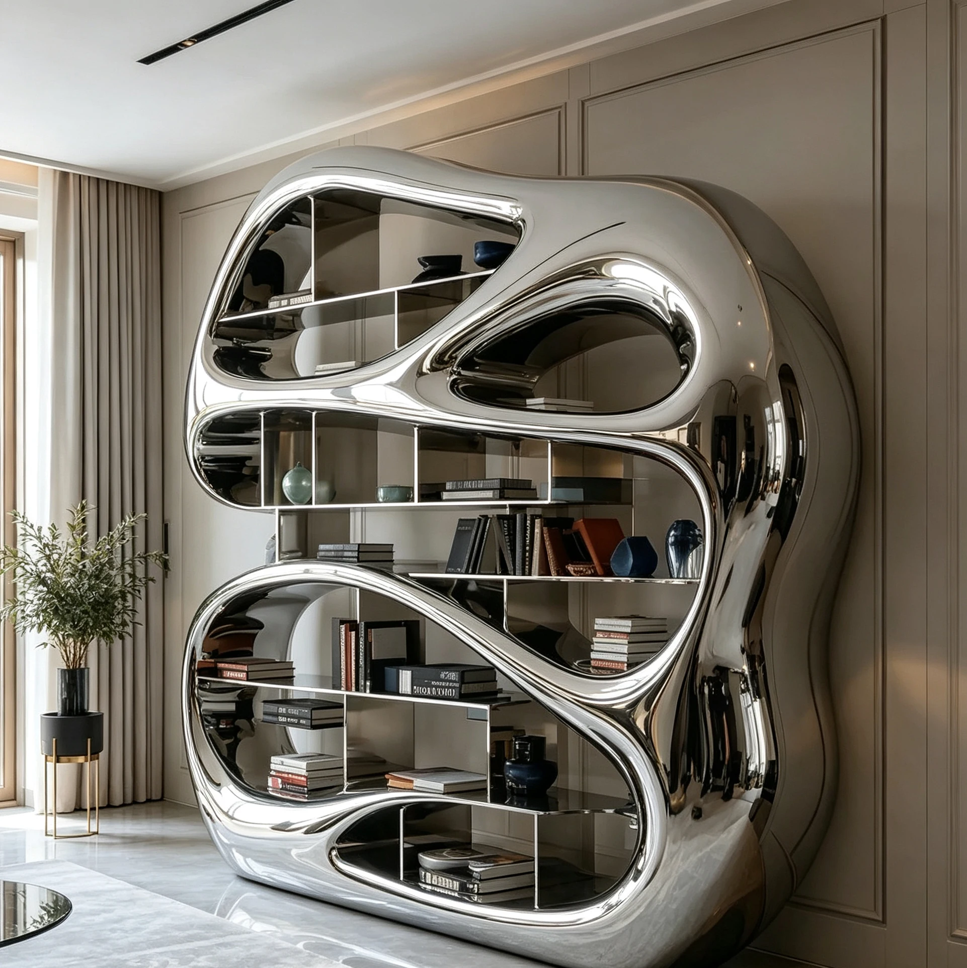 c*-Mirror Polished Fiberglass Bookcase Irregular Hollow Compartments Sculptural Display Rack for