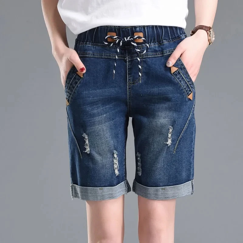 Summer Cuffs Ripped Jeans Woman Elastic Waist Lace Up Shorts With Holes Femme Plus Size Casual Harem Pants Mujer Korean Style