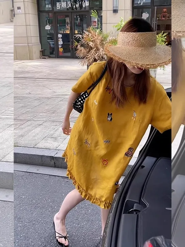 

Yellow Printed Collar T-Shirt Women's Short Sleeve Summer Fashionable Anti-Aging Outerwear Top round Neck Cartoon Pattern