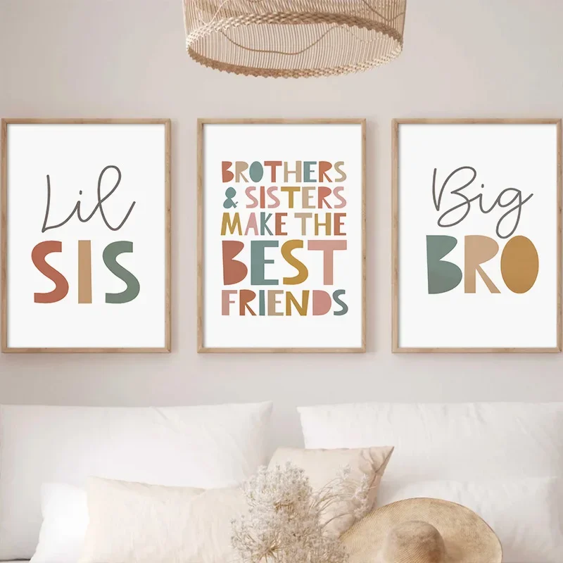 Cartoon Cute Kids Big Brother Sister Kindergarten Wall Art Poster Children Boys Girls Playroom Bedroom Home Decor Wall Art