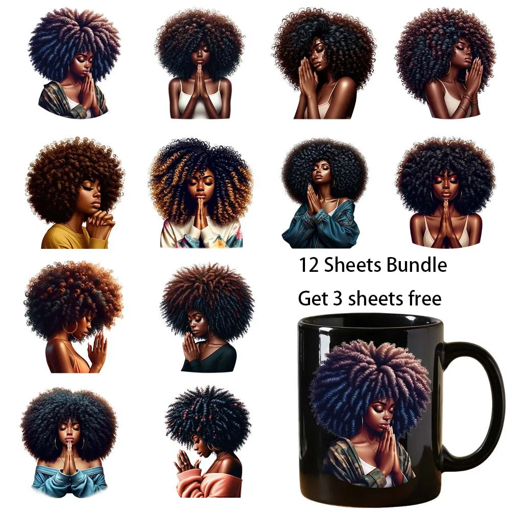 12 sheets bundle 4 inches black women UV Sticker Party DIY Decals 3D transfers uvdtf tumbler stickers 16oz uv dtf cup wraps