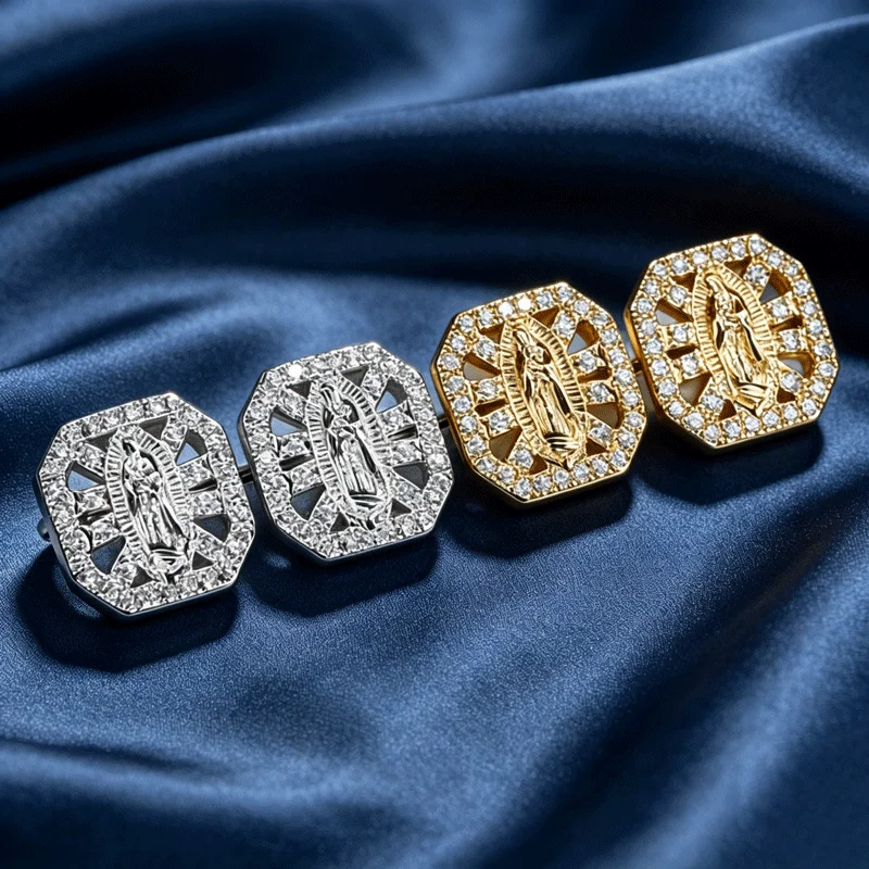 Elegant Gold Plated Octagon Virgin Mary Pave Zircon Statement Earrings, Premium Luxury Jewelry For Women Anniversary Gift