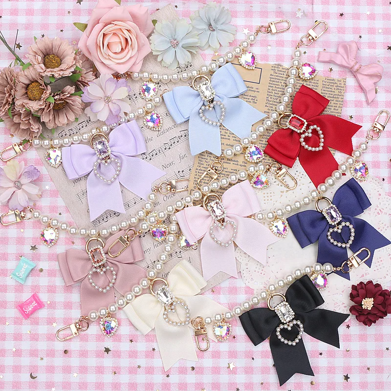 Jirai Kei Chic Handbag Pendant Larme Kei Lolita Bag Ornaments Rhinestone Beaded  Sweet Bowknot Key Chain Y2K Girl Bag Charms