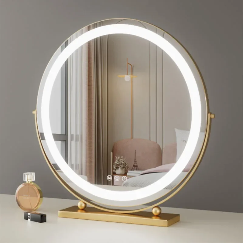 Led Makeup Light Makeup Mirror Nightstand Round Metal Frame Small Cute Mirrors Gold Table Espejos Pared Living Room Decoration