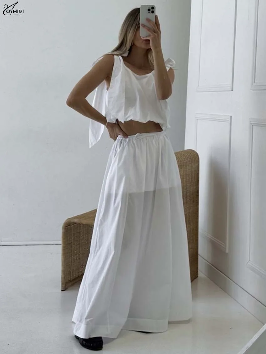 

Oymimi Elegant White 2 Piece Sets Woman Outfit Fashion O-Neck Sleeveless Crop Tops And Drawstring Loose Floor-Length Skirts Sets
