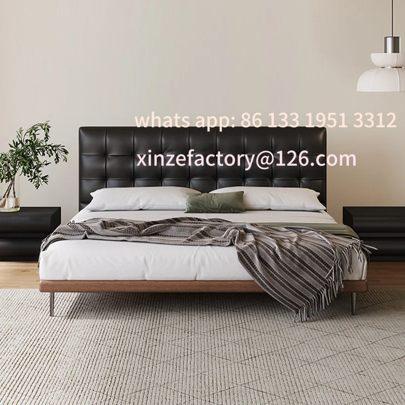 

Customizable bed Master bedroom Italian retro leather bed Modern simple black medieval thin bedside double bed