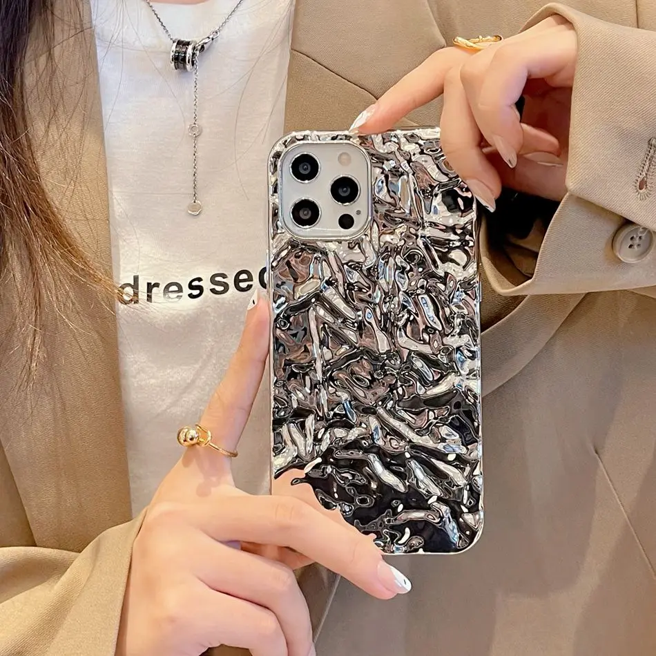 Fashion Matte Tin Foil Pleats Phone Case For iPhone 14 13 Mini 12 Pro Max 11 XR XS Max 7 Plus Luxury Silver Soft Silicone Cover