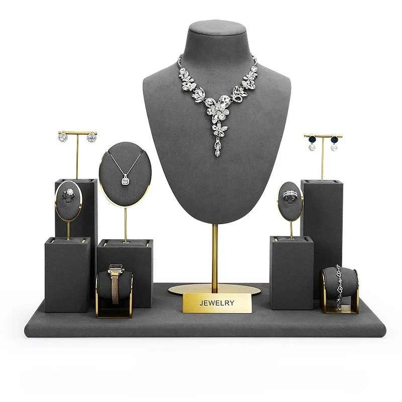 

Серая витрина для ювелирных изделий из микрофибры, стойка для прямой трансляции, ожерелье, кольцо, серьги, реквизит для демонстрации ювелирных изделий