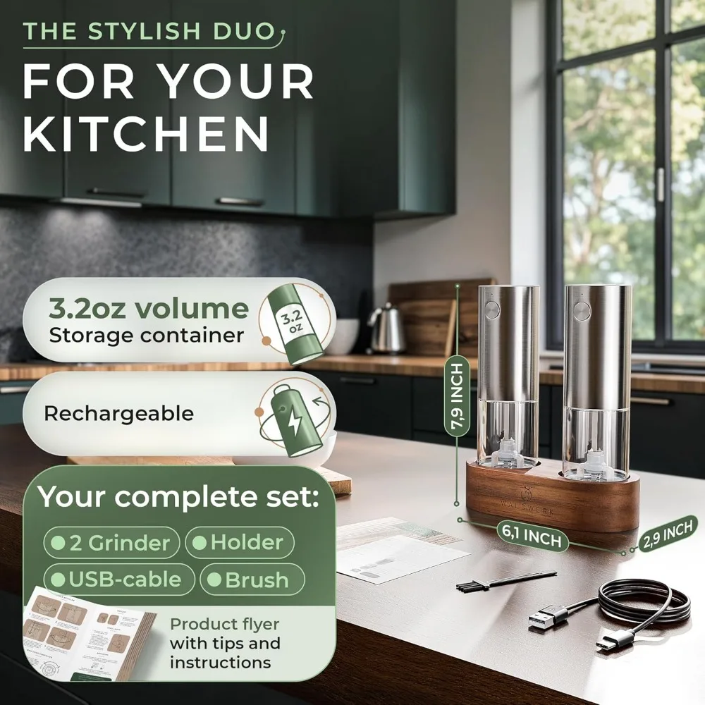 مجموعة مطحنة الملح والفلفل الكهربائية القابلة لإعادة الشحن مع حامل خشب السنط - بطارية 300 مللي أمبير في الساعة، شحن USB-C #2
