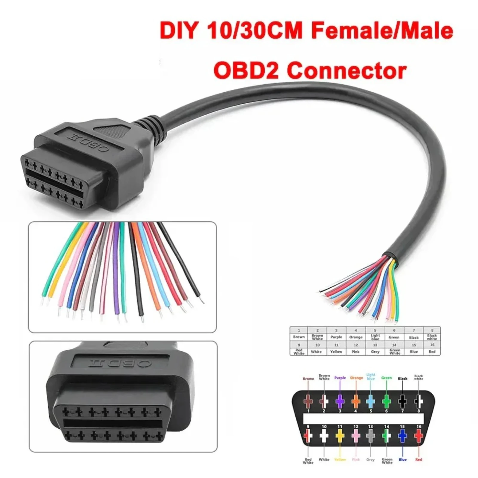 JieYuan 30cm 16pin Female to Male DIY OBD2 Auto Extension Cable Automotive Car Diagnostic auto Tool Scanner OBDII Connector