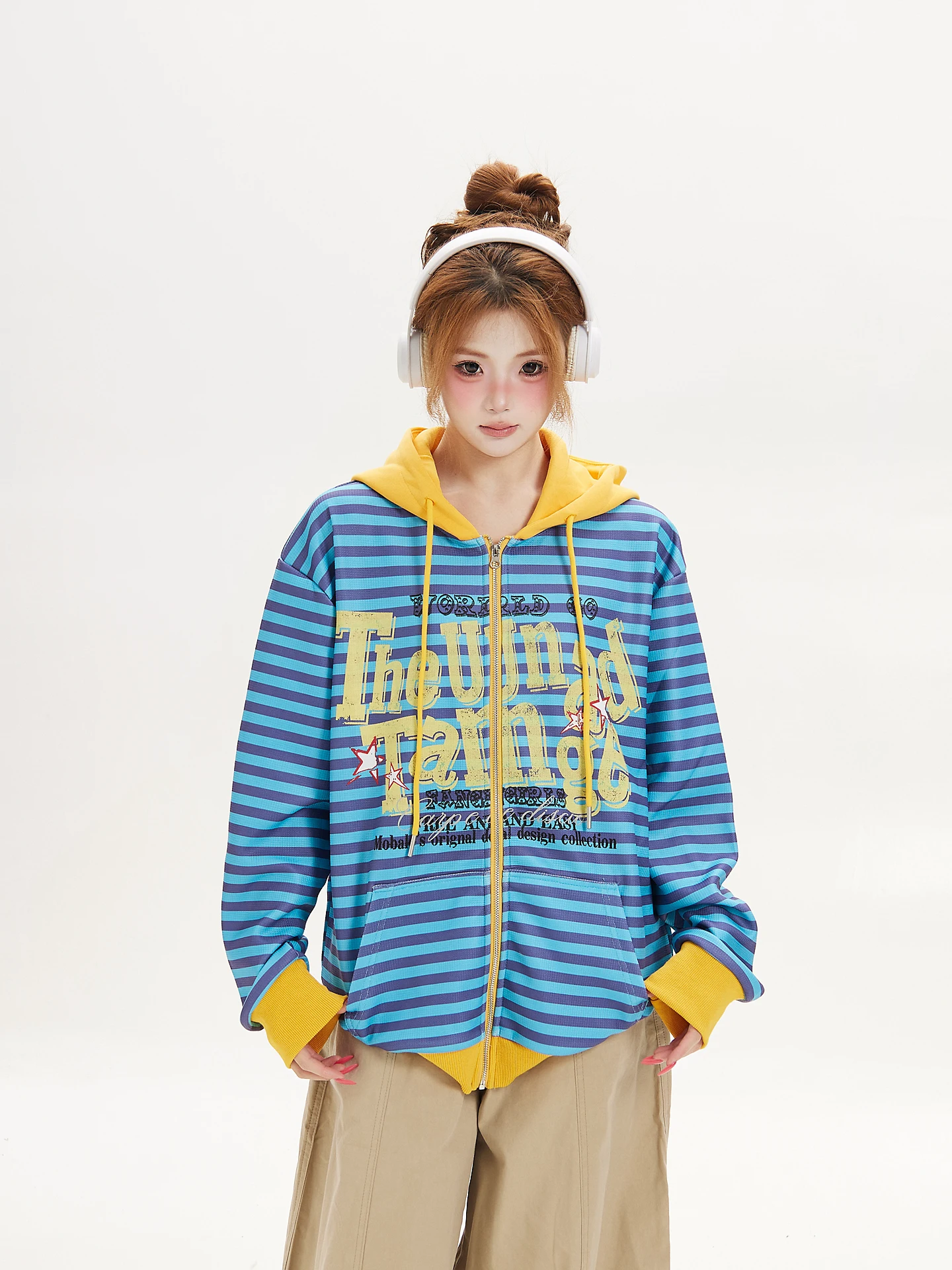 Ant Dopamine Color Block Striped Hoodie Cardigan Women's Loose Design Autumn College Style Casual Long Sleeve Zipper Coat
