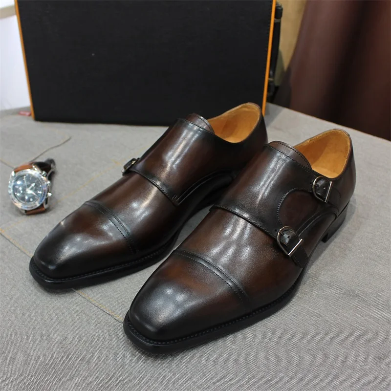 Luxury Handmade Genuine Leather Men\'s Shoes Formal Classic Double Buckle Monk Shoes Pointed Toe Business Dress Wedding Men Shoes