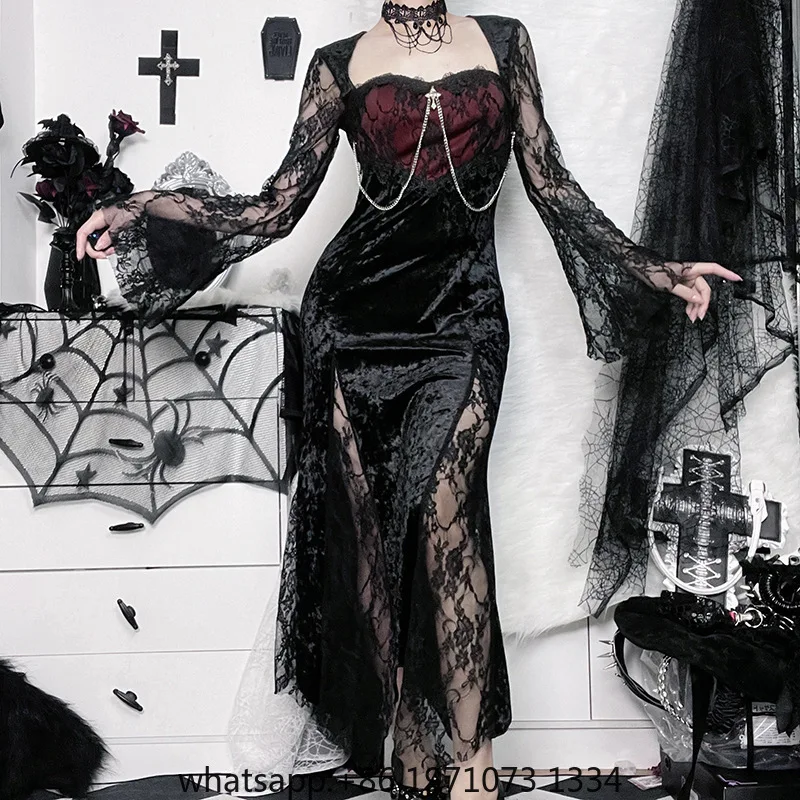 Goth Dark Elegant Mall Gothic Women Evening Dresses Grunge Aesthetic E-girl Velvet Midi Dress Lace Splice Sexy Split Alt Outfits
