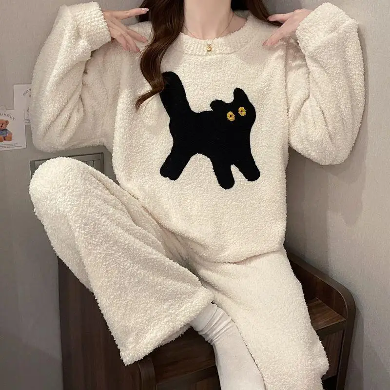 

Women's pajamas Autumn and Winter Coral for Women Cartoon Cats Can Be Worn Externally Thick Soft Fluffy Home Suit Set