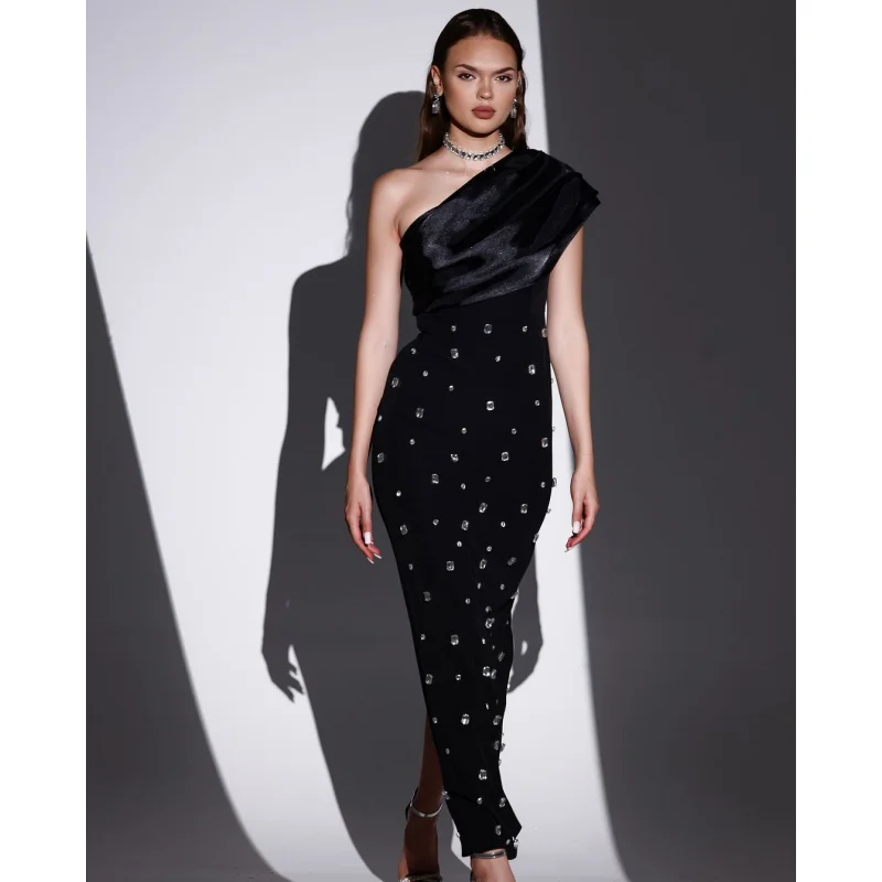 

New 2 Colors Shining Diamonds Oblique Shoulder Ankle Length Bandage Dress Graceful Woman Party Dress Celebrity Party Vestido