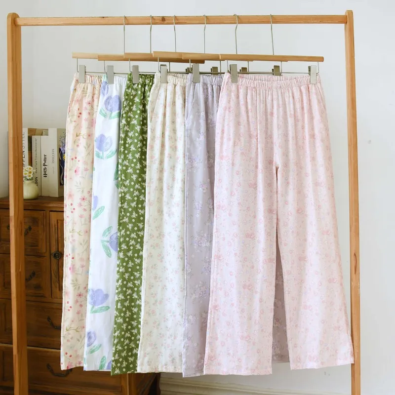 Spring Summer Women 100% Cotton Sleep Bottoms Plus Size Home Pants High Quality Loungewear Trousers Sweet Print Pajama Pants
