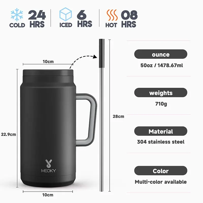 Meoky 50oz Tumbler Handle Straw Insulated Water Bottle Multi-prints Stainless Steel Leak-proof Large Capacity Travel Vacuum Cup