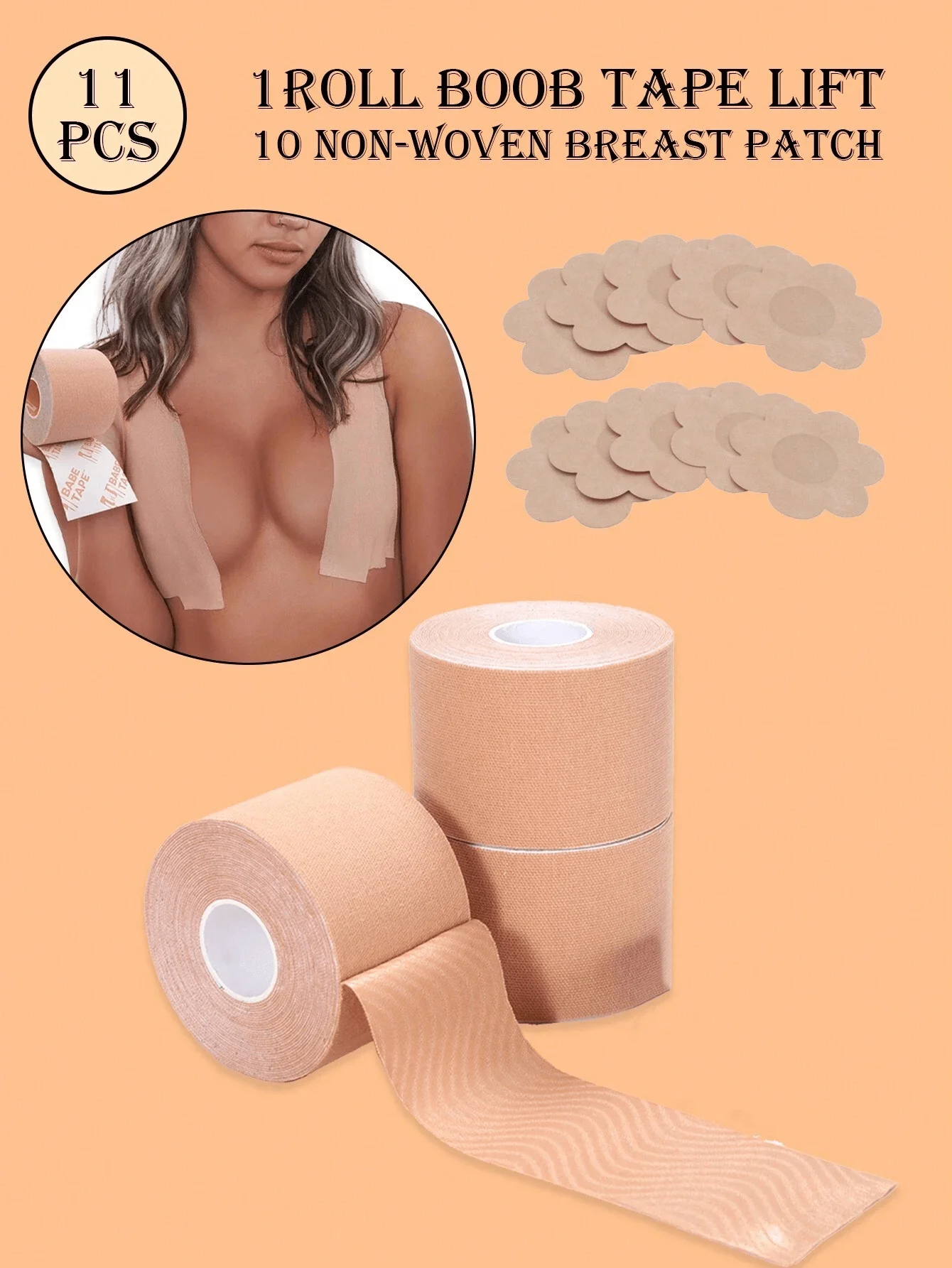 

1 рулон ленты для подтяжки груди + 10 нетканых пластырей для груди, клейкие поддерживающие полоски телесного цвета