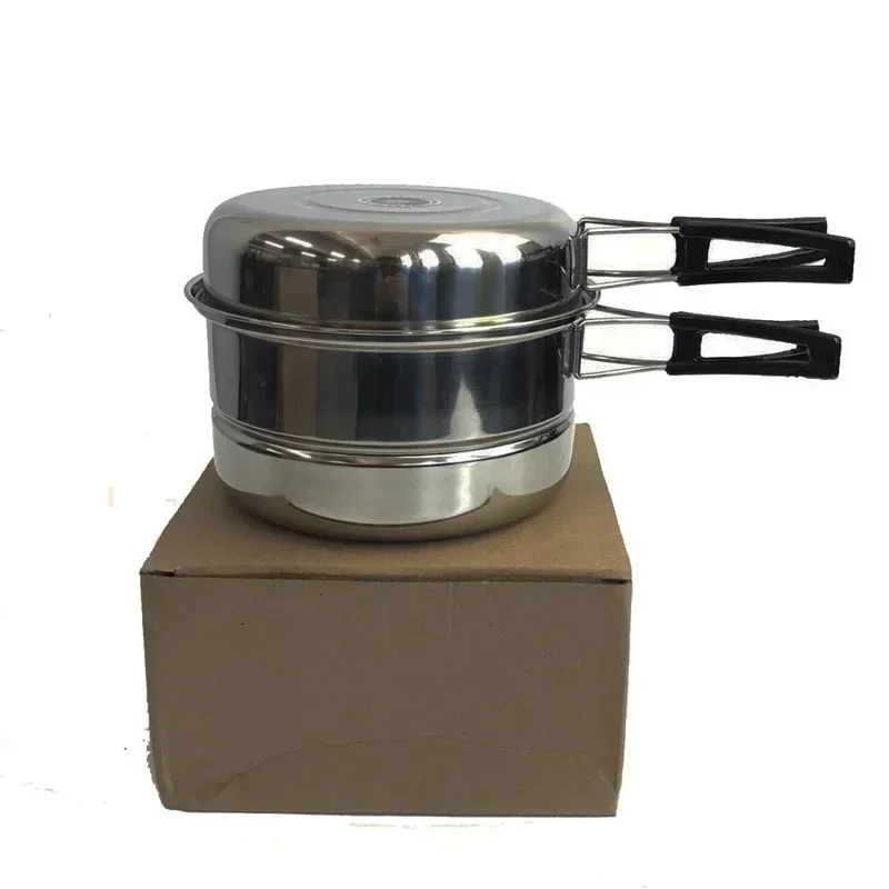 Portable Stainless Steel Camping Cookware Set Frying Pan Outdoor Pan Steaming Rack Pots, Hiking, Picnic, Cooking Tableware, 3Pcs