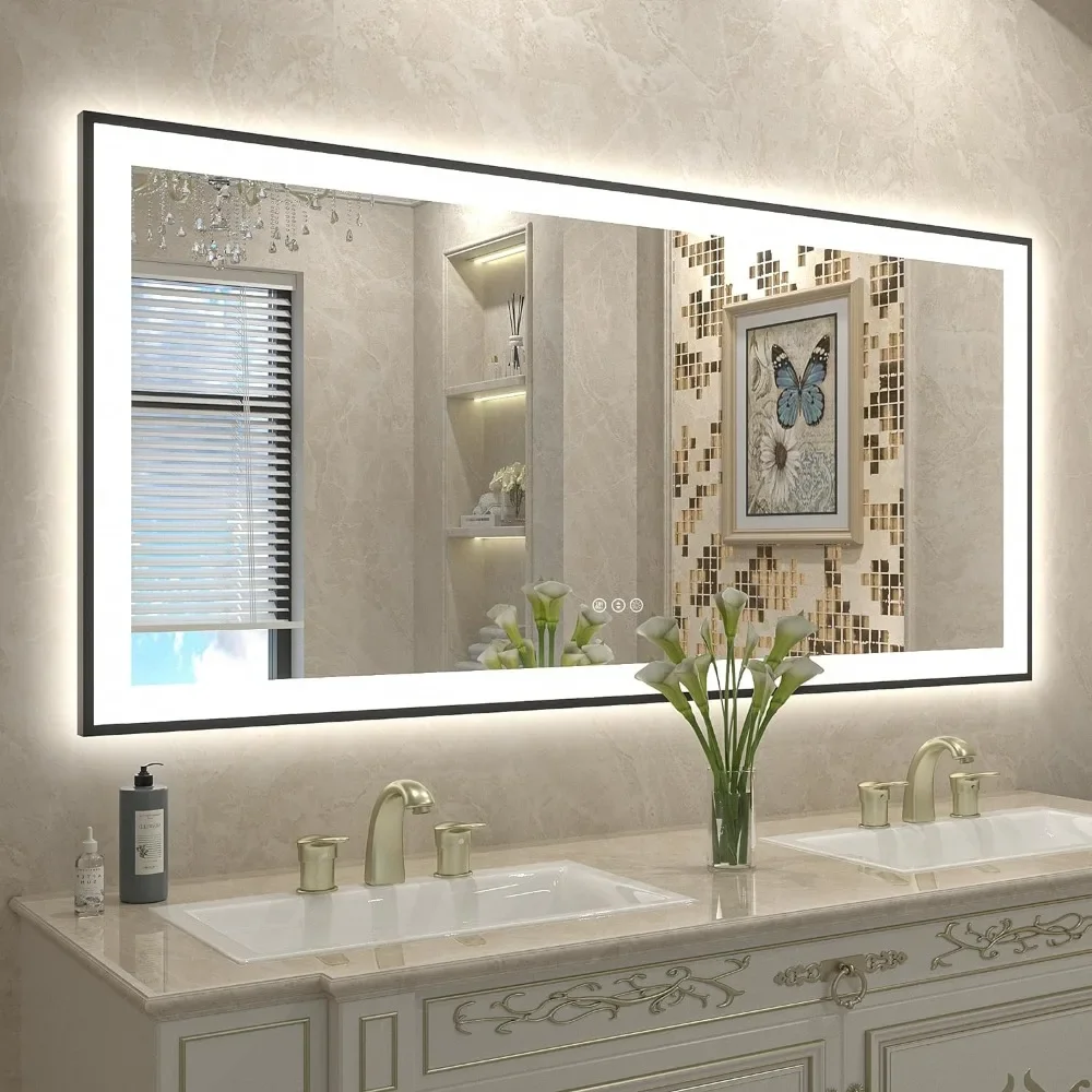 LED Mirror for Bathroom, Large Framed Lighted Mirror for Wall, Dimmable, Anti-Fog espejo para baño con luz led,espejos de pared