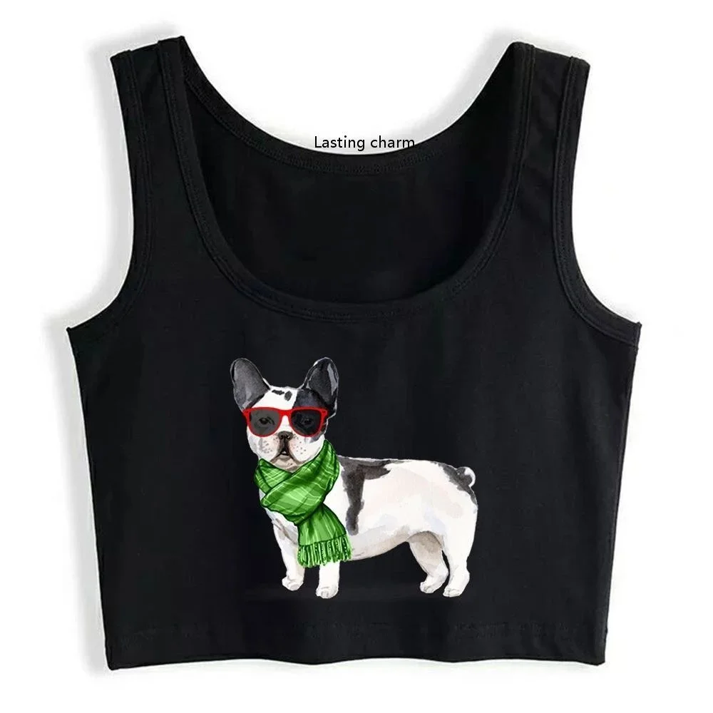 French Bulldog Crop Top Cool Christmas Dog Red Sunglasses Hip Hop Sleeveless Tank Top