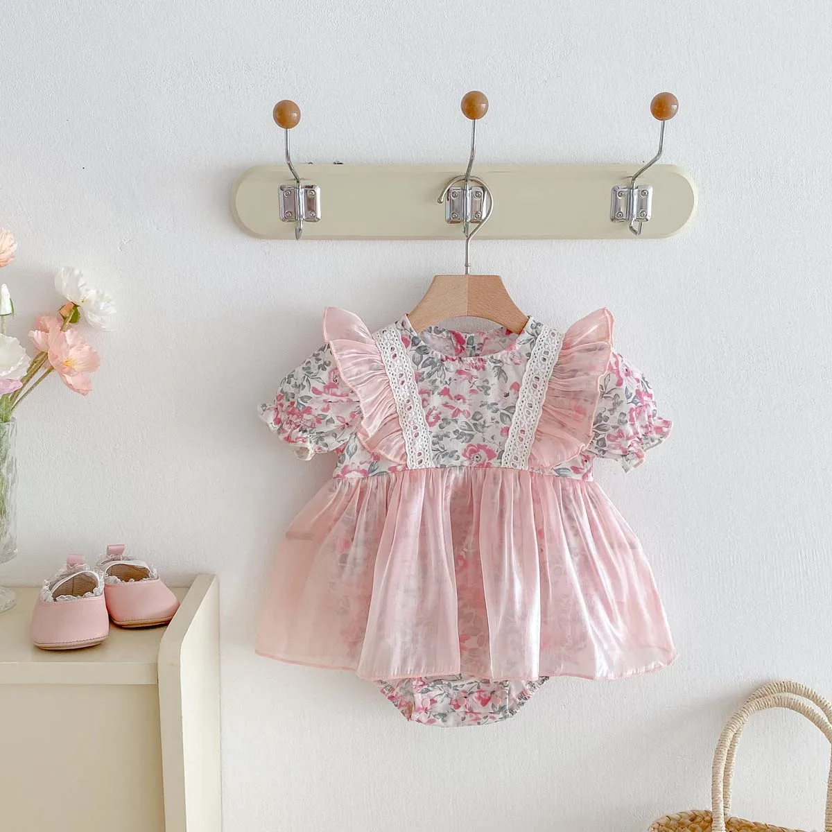 Summer baby girl sweet floral mesh short sleeve dress, baby girl stylish and comfortable floral dress, perfect for going out
