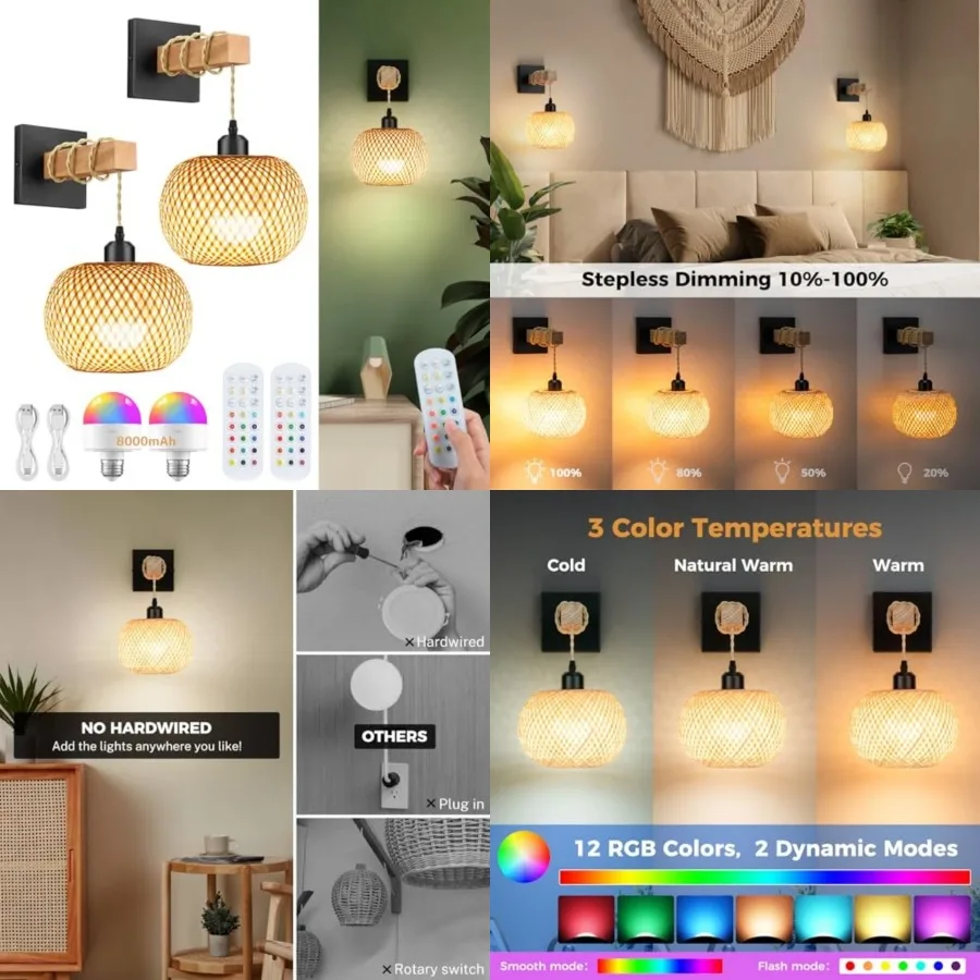 

Battery Operated Wall Sconce with Remote Set of 2, Rechargeable Rattan Wall Sconces with 8000mAh Bulbs, Woven Bamboo Wall Light