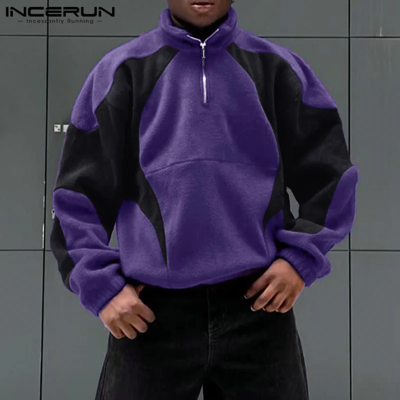 

Fashion Casual Style Tops INCERUN New Men Patchwork Contrast Pullover Male Personality All-match Zipper Long Sleeved Sweatshirts