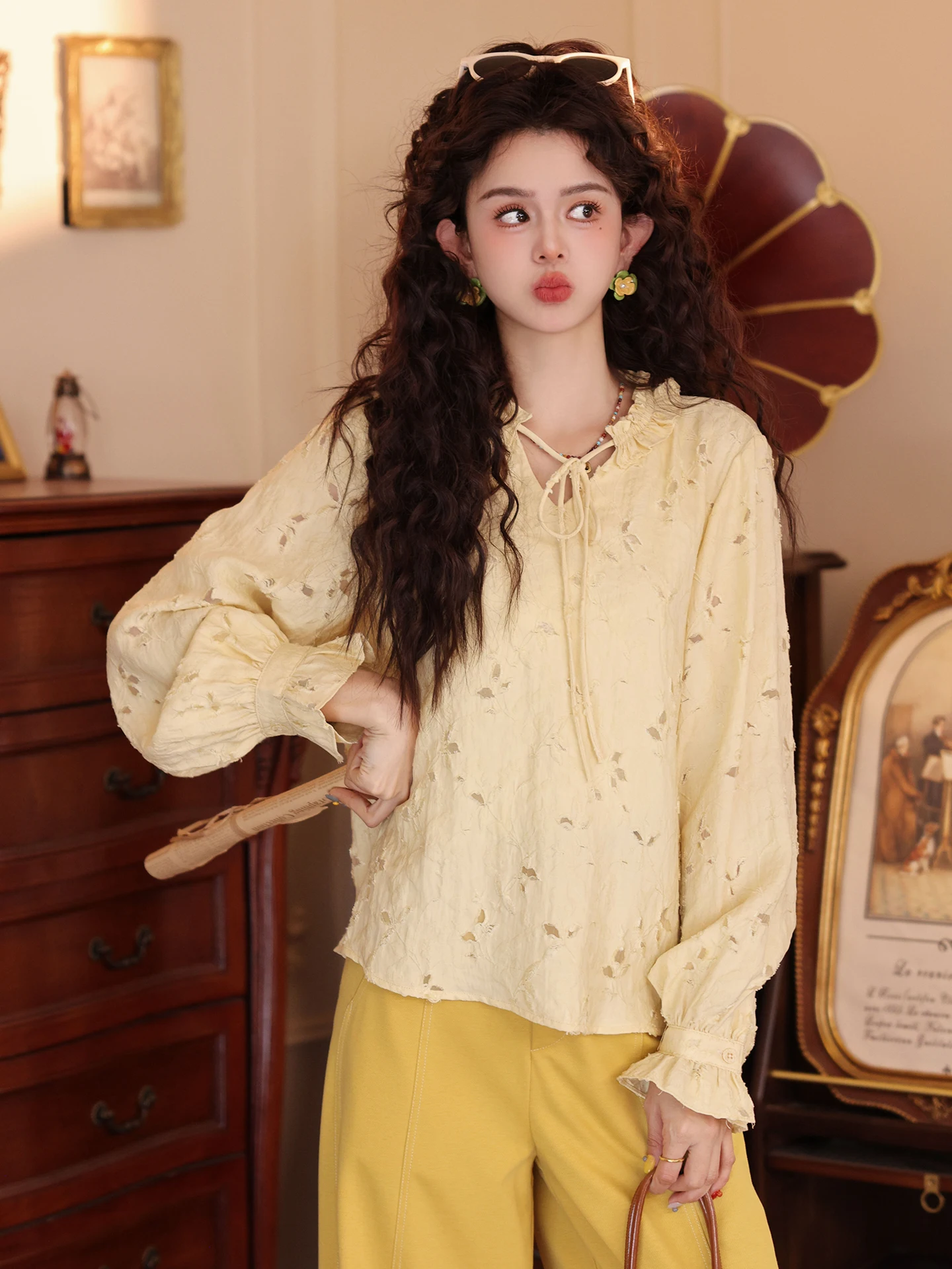 

Chen Jiajie Early Spring irt Ele Floral Lace Belted Versatile Slimming Chinese Brand Women's Faion Retro Sle Long S...