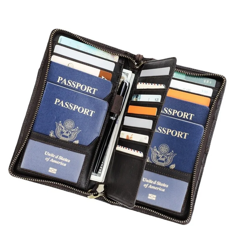 British Style Top Layer Cowhide Anti Magnetic Travel Family Storage Multi Functional Zipper  Strap Genuine Leather Passport Bags