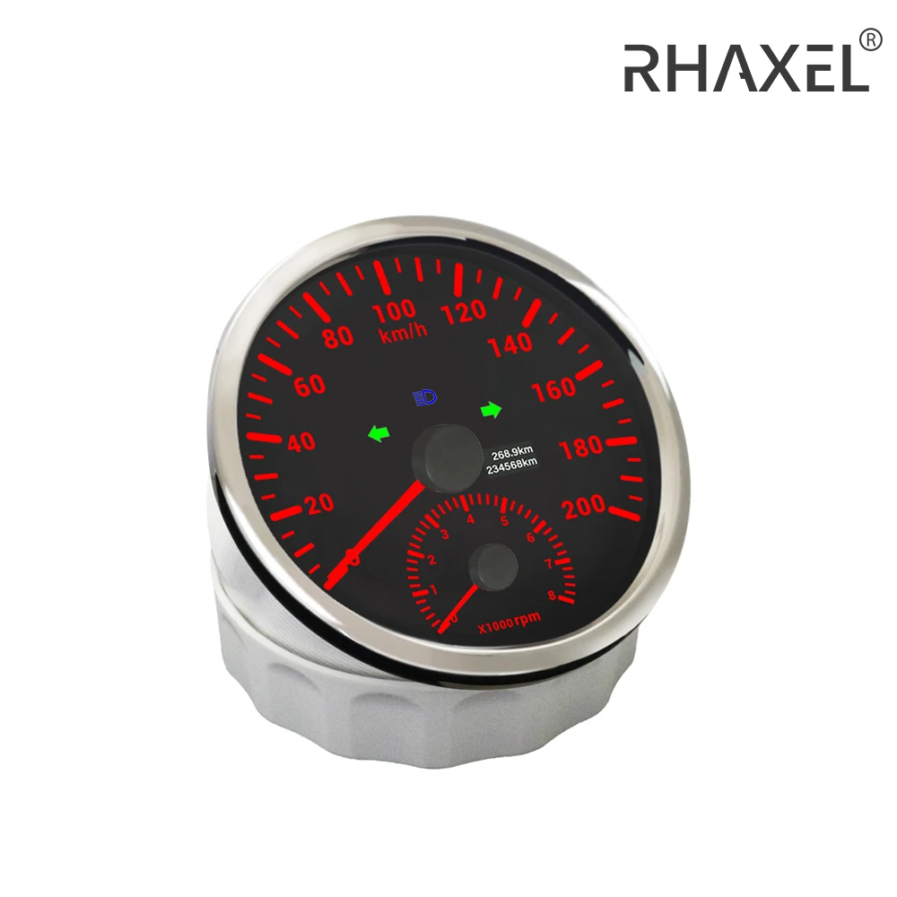 RHAXEL 110mm Speedometer 0-200km/h GPS with 0-8000RPM Tachometer with Total Mileage Red Backlight 12V 24V for Auto Vessels