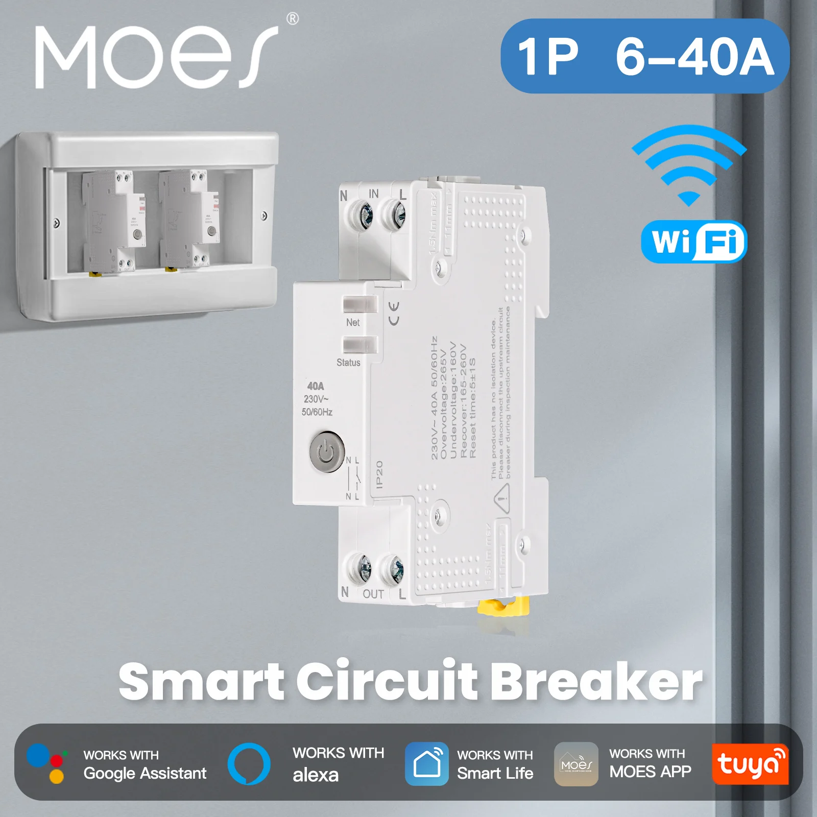 

MOES WiFi Tuya Smart Circuit Breaker 40A Alarm Threshold Set Electricity Monitor V0 Fireproof Retardant APP Control With Alexa