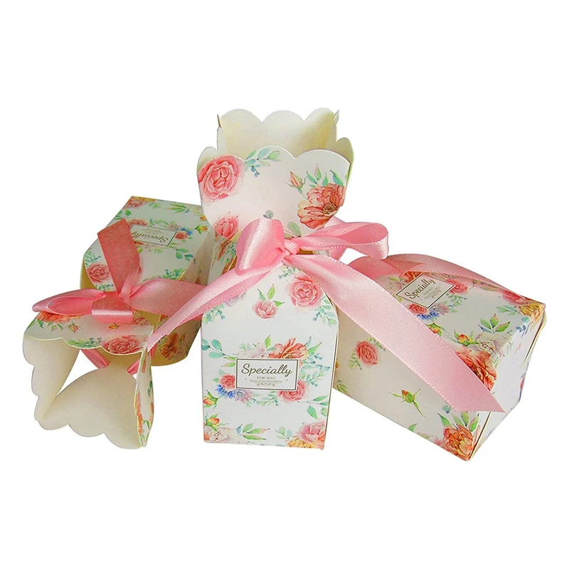 50 Pcs Floral Pattern Candy Boxes Wedding Bridal Shower Baby Birthday Party Favor Gift Box With 50Pcs Light Pink Ribbon