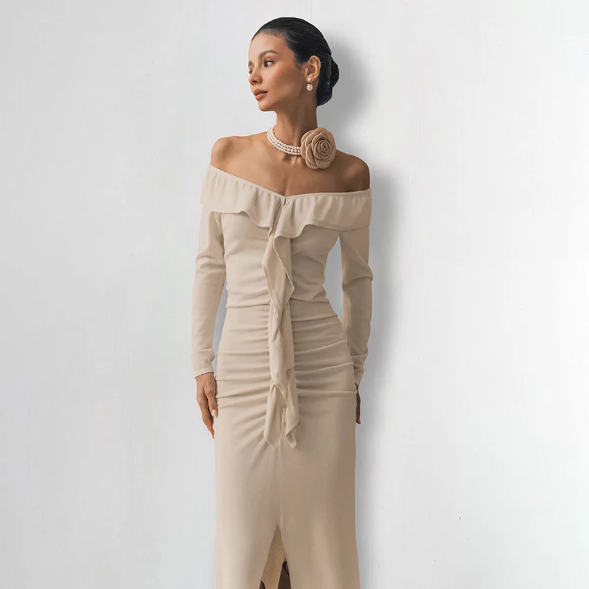 

Sexy Luxury Satin Off Shoulder Ruffle Dress Solid Khaki Long Sleeve Bodycon Fitted Maxi Slit Dress Women Autumn Vacation Chic