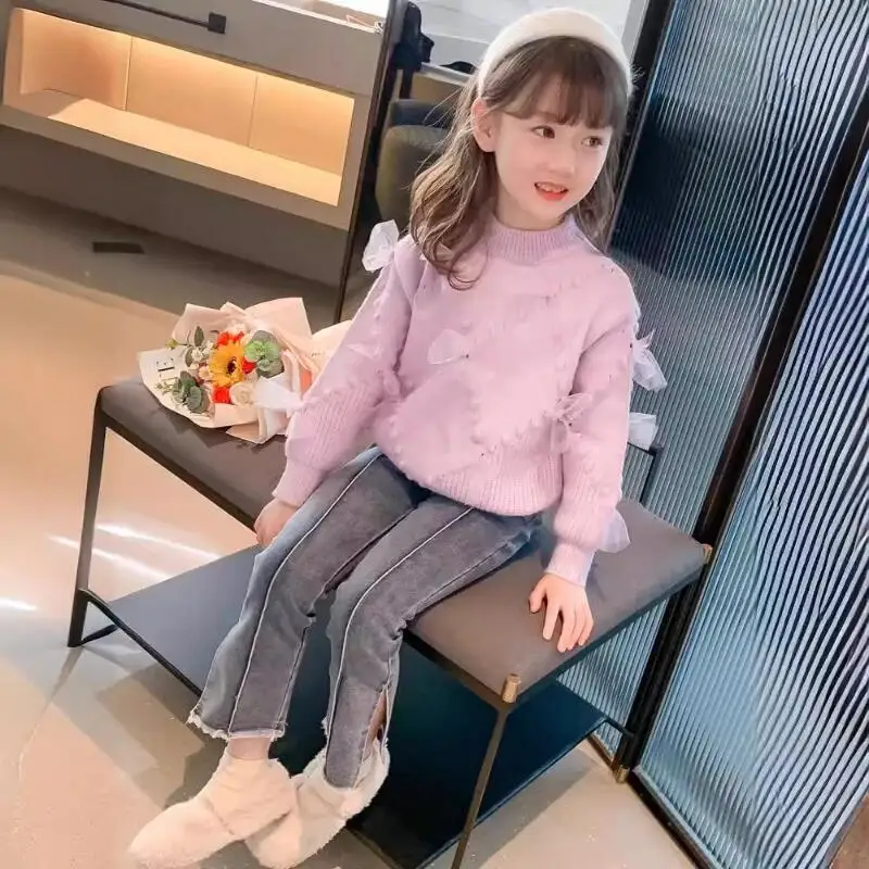 

Kawaii Girl Fashion Knitwear Thicken Student Winter Casual Cartoon Round Neck Thicken Sweater Pullover Tops Children's Clothing