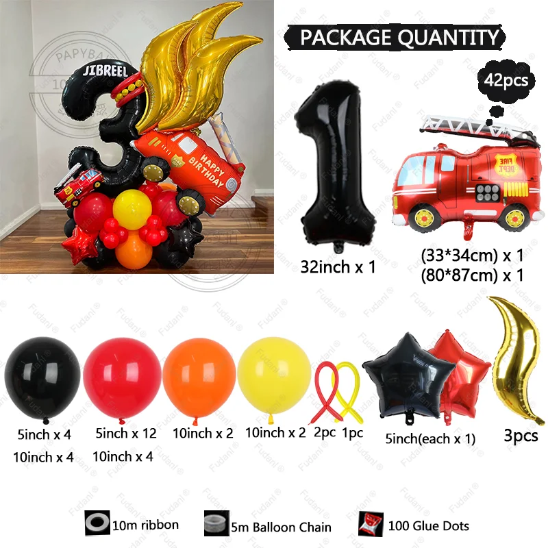 42 قطعة بالون شاحنة الإطفاء 1-9 مجموعة رقمية سوداء أحمر برتقالي أصفر النار Globos للبنين أطفال رجال الاطفاء تحت عنوان حفلة عيد ميلاد ديسمبر