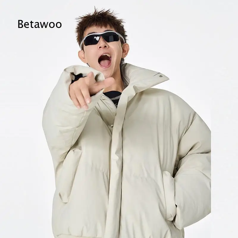Men Stand Collar Puffer Jacket Button Zip Up Thicken Warm Loose Fit Outerwear for Autumn Winter Street Wear