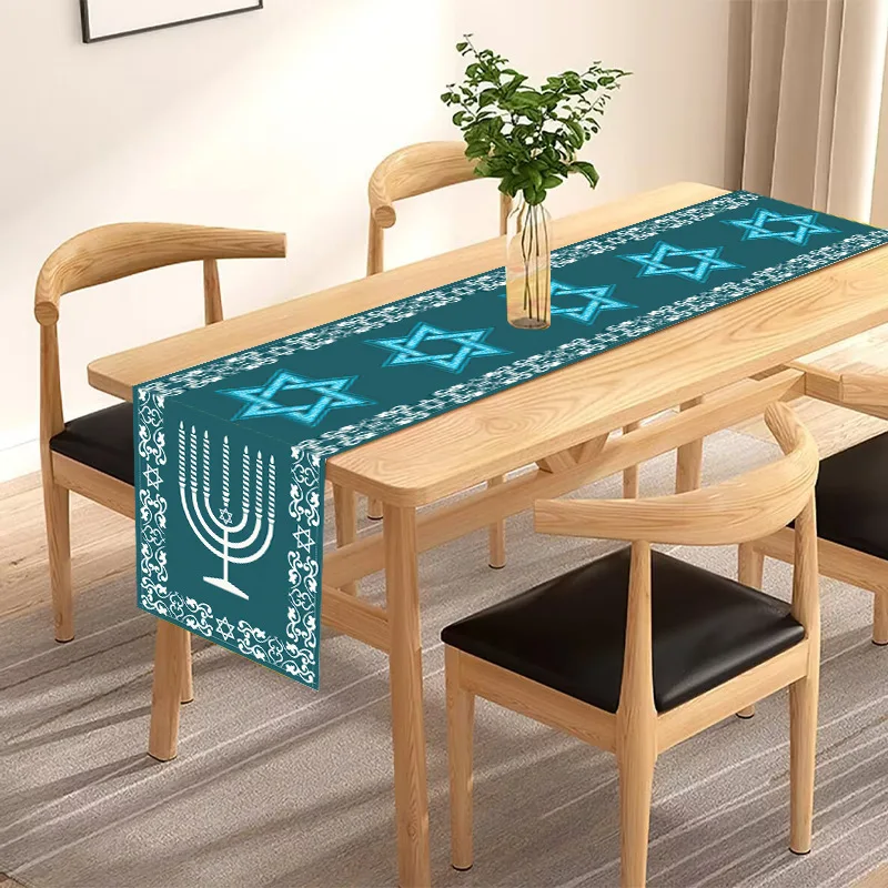 Hanukkah Table Runner Blue Gold Menorah Star of David Jewish Holiday Dining Table Decor Winter Festival Home Party Gift Cloth
