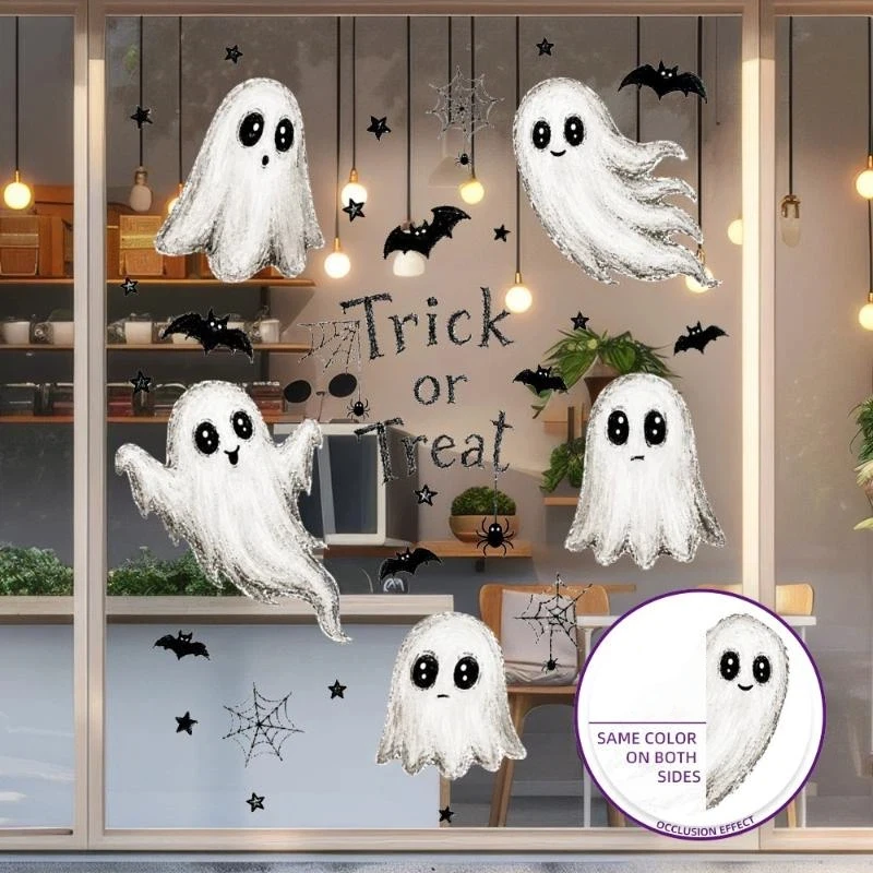 Halloween Window Clings Cute Ghost Bat Spider Patterns Dual Side Same Color For Home Shop Halloween Party Decor view 3